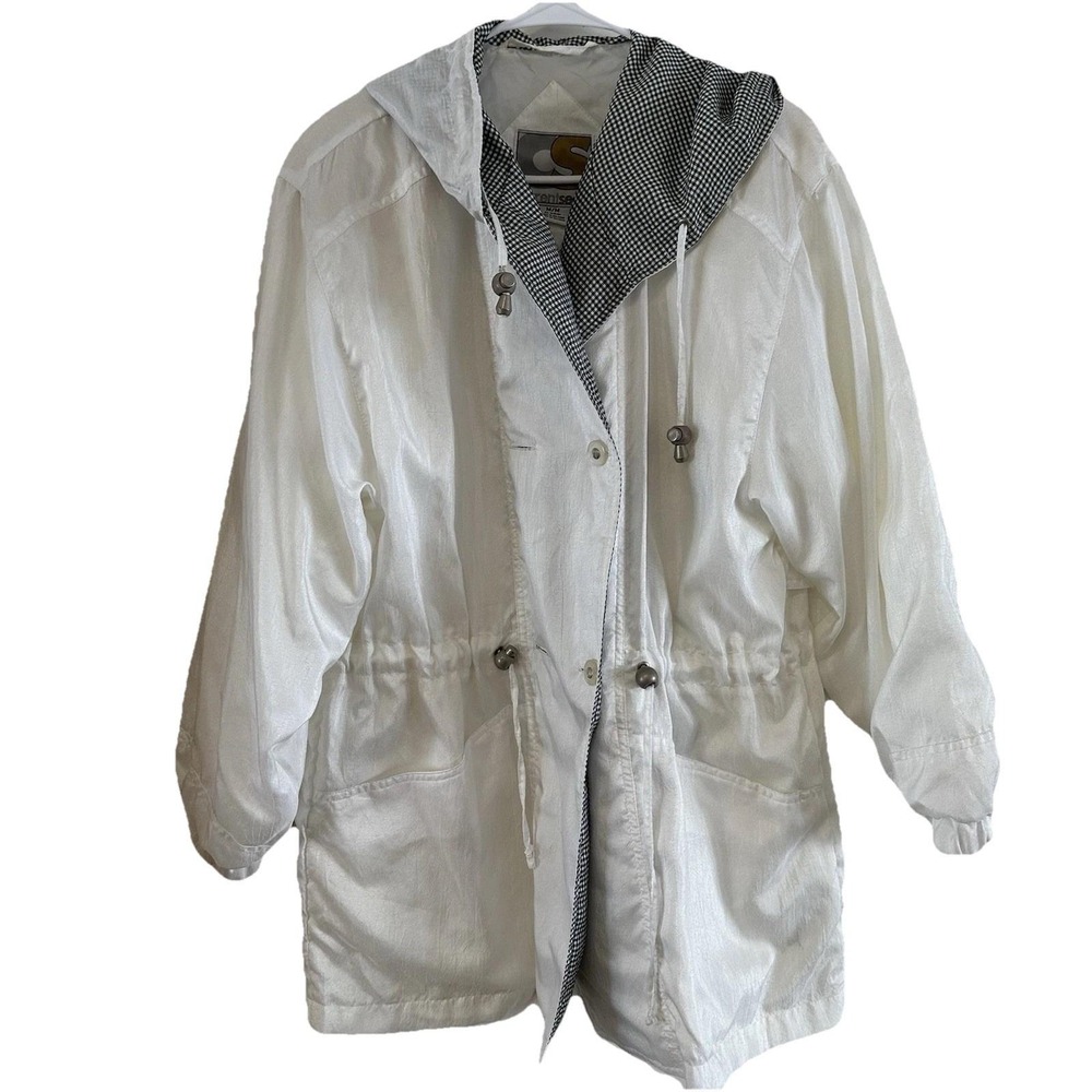 Vtg Current Seen Womens Medium White Jacket Hood Pockets Coastal Grandma Gingham